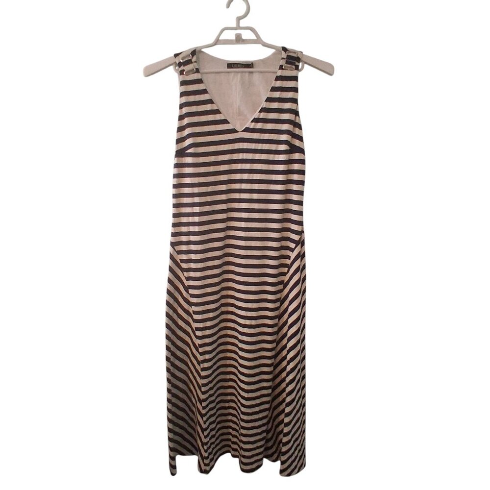 Lauren Ralph Lauren dress womens 10 midi maxi striped navy cream cotton modal